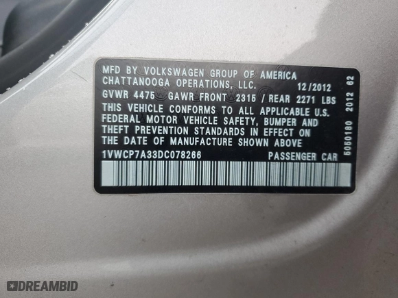 2013 Volkswagen Passat SEL Premium with VIN 1VWCP7A33DC078266, listed as a Copart auction lot 88901625 with 0 mi miles and Salvage Title. Bid and sale history available at carsss.com. Image 15.