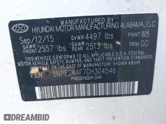 2016 Hyundai Sonata SE with VIN 5NPE24AF7GH304546, listed as a IAAI auction lot 42218425 with 153,619 mi miles and . Bid and sale history available at carsss.com. Image 9.