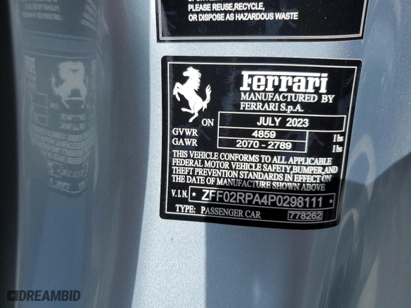 2023 Ferrari Portofino M with VIN ZFF02RPA4P0298111, listed as a Copart auction lot 65799704 with NaN miles and Non Repairable. Bid and sale history available at carsss.com. Image 15.