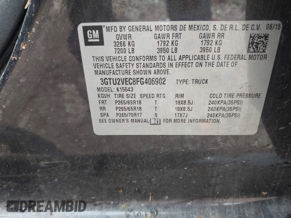 2015 GMC Sierra 1500 SLT with VIN 3GTU2VEC8FG406902, listed as a IAAI auction lot 42073788 with 203,919 mi miles and . Bid and sale history available at DreamBid. Image 9.