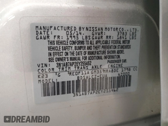 2014 Nissan Sentra SV z VIN 3N1AB7AP2EY255462, wystawiony jako Copart lot #59922945 z przebiegiem 75 860 mil mil oraz Szkoda całkowita • Salvage title. Historia ofert i sprzedaży dostępna na DreamBid. Obrazek 12.