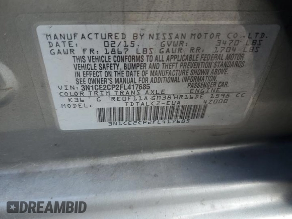 2015 Nissan Note S Plus with VIN 3N1CE2CP2FL417685, listed as a Copart auction lot 52495745 with 145,153 mi miles and Salvage Title. Bid and sale history available at DreamBid. Image 13.