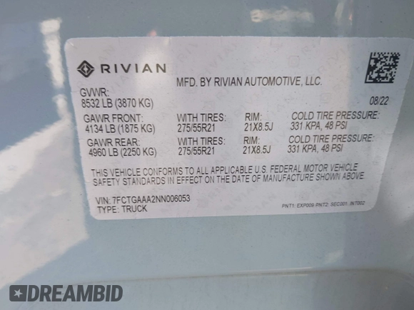 2022 Rivian R1T Adventure z VIN 7FCTGAAA2NN006053, wystawiony jako IAAI lot #41974199 z przebiegiem 286 mil mil oraz . Historia ofert i sprzedaży dostępna na DreamBid. Obrazek 9.
