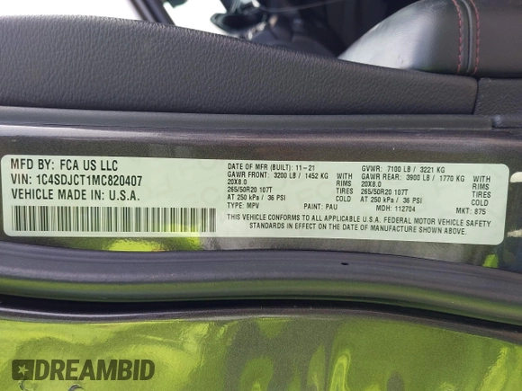 2021 Dodge Durango R/T with VIN 1C4SDJCT1MC820407, listed as a IAAI auction lot 42028410 with 75,435 mi miles and . Bid and sale history available at DreamBid. Image 9.