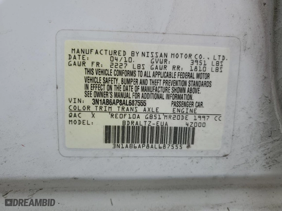 2010 Nissan Sentra 2.0 S with VIN 3N1AB6AP8AL687555, listed as a Copart auction lot 44342035 with 184,002 mi miles and Salvage Title. Bid and sale history available at carsss.com. Image 12.
