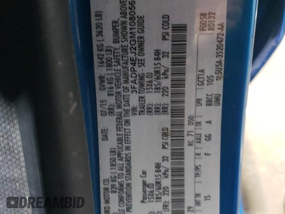 2016 Ford Fiesta SE with VIN 3FADP4EJ2GM108056, listed as a Copart auction lot 45015145 with 123,418 mi miles and Salvage Title. Bid and sale history available at DreamBid. Image 14.