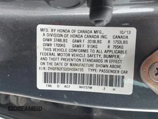 2013 Honda Civic LX with VIN 2HGFB2F53DH594735, listed as a IAAI auction lot 41910115 with Not Provided miles and . Bid and sale history available at DreamBid. Image 9.
