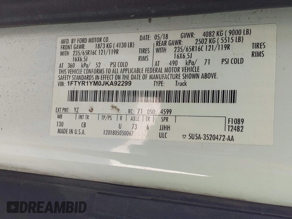 2018 Ford Transit с VIN 1FTYR1YM0JKA92299, выставлен на аукционе IAAI как лот 42585313 с пробегом 156 791 миль миль и . История ставок и продаж доступна на DreamBid. Изображение 9.