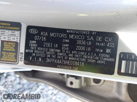 2017 Kia Forte LX with VIN 3KPFK4A7XHE018418, listed as a IAAI auction lot 41874292 with 87,608 mi miles. Bid and sale history available at carsss.com. Image 9.