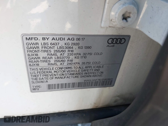 2018 Audi Q7 Premium Plus with VIN WA1LHAF76JD003831, listed as a IAAI auction lot 41781410 with 81,225 mi miles. Bid and sale history available at carsss.com. Image 9.