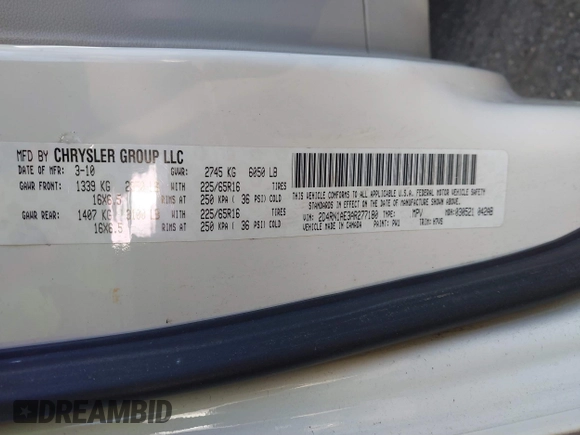 2010 Dodge Grand Caravan Cargo with VIN 2D4RN1AE3AR277180, listed as a IAAI auction lot 41750053 with Not Provided miles. Bid and sale history available at carsss.com. Image 9.