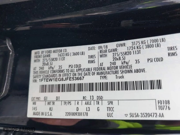 2018 Ford F-150 XL with VIN 1FTEW1EG8JFE53667, listed as a IAAI auction lot 40853148 with 157,460 mi miles. Bid and sale history available at carsss.com. Image 9.
