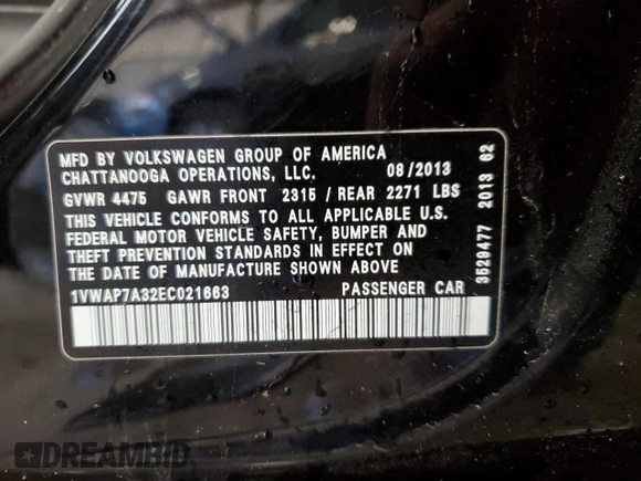 2014 Volkswagen Passat S w/Nav with VIN 1VWAP7A32EC021663, listed as a Copart auction lot 48789655 with 162,222 mi miles and Non Repairable. Bid and sale history available at carsss.com. Image 12.