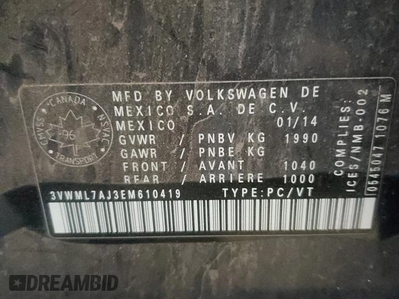 2014 Volkswagen Jetta SportWagen TDI w/Sunroof with VIN 3VWML7AJ3EM610419, listed as a Copart auction lot 70169283 with 170,656 mi miles and Salvage Title. Bid and sale history available at carsss.com. Image 14.