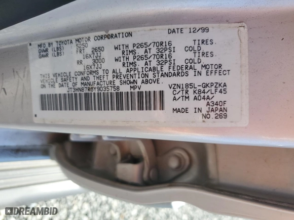 2000 Toyota 4Runner Limited with VIN JT3HN87R8Y9035758, listed as a Copart auction lot 50164195 with 194,383 mi miles and Salvage Title. Bid and sale history available at carsss.com. Image 13.