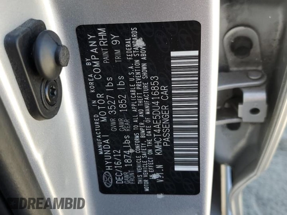 2013 Hyundai Accent GLS z VIN KMHCT4AE5DU416853, wystawiony jako Copart lot #57818195 z przebiegiem 84 550 mil mil oraz Szkoda całkowita • Salvage title. Historia ofert i sprzedaży dostępna na DreamBid. Obrazek 12.