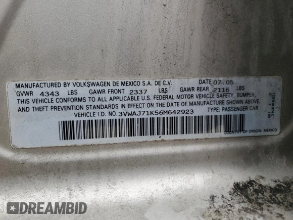 2006 Volkswagen Jetta с VIN 3VWAJ71K56M642923, выставлен на аукционе Copart как лот 44745304 с пробегом Не указан миль и Списание • Salvage title. История ставок и продаж доступна на DreamBid. Изображение 12.