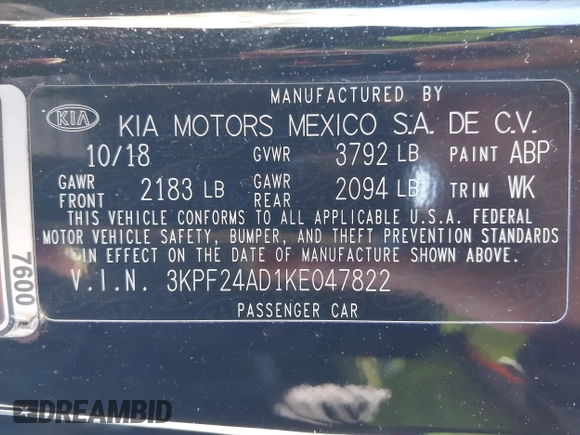 2019 Kia Forte LXS with VIN 3KPF24AD1KE047822, listed as a IAAI auction lot 41554454 with 106,853 mi miles and . Bid and sale history available at DreamBid. Image 9.