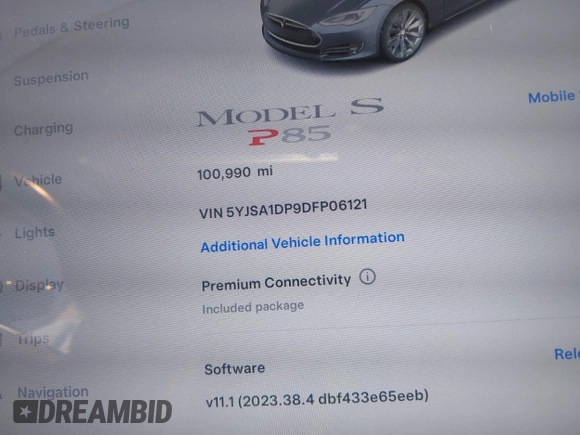 2013 Tesla Model S Performance z VIN 5YJSA1DP9DFP06121, wystawiony jako IAAI lot #42511097 z przebiegiem 100 990 mil mil oraz . Historia ofert i sprzedaży dostępna na DreamBid. Obrazek 7.