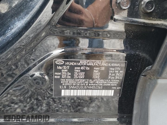2017 Hyundai Santa Fe 2.4L with VIN 5NMZU3LB7HH052263, listed as a Copart auction lot 57065895 with 117,488 mi miles and Salvage title. Bid and sale history available at DreamBid. Image 12.