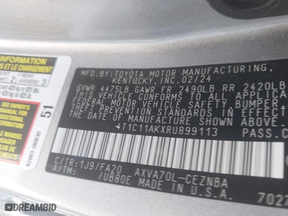 2024 Toyota Camry LE with VIN 4T1C11AKXRU899113, listed as a IAAI auction lot 41784817 with 15,785 mi miles. Bid and sale history available at carsss.com. Image 9.