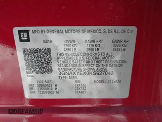 2019 Chevrolet Equinox Premier with VIN 3GNAXYEX0KS637042, listed as a IAAI auction lot 41160290 with 16,754 mi miles and . Bid and sale history available at DreamBid. Image 9.