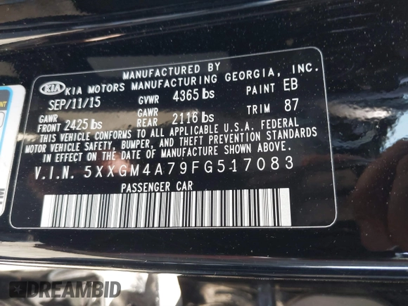 2015 Kia Optima LX with VIN 5XXGM4A79FG517083, listed as a IAAI auction lot 41805370 with 77,800 mi miles. Bid and sale history available at carsss.com. Image 9.