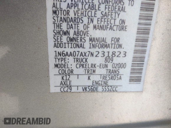 2007 Nissan Titan XE with VIN 1N6AA07AX7N231823, listed as a IAAI auction lot 42300587 with 210,735 mi miles and . Bid and sale history available at DreamBid. Image 9.