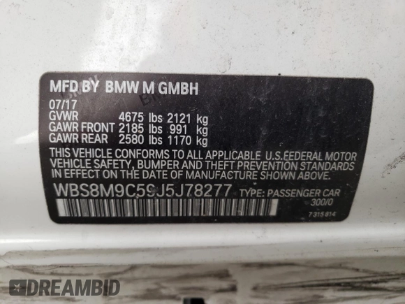 2018 BMW M3 with VIN WBS8M9C59J5J78277, listed as a Copart auction lot 39975644 with 0 mi miles. Bid and sale history available at carsss.com. Image 13.