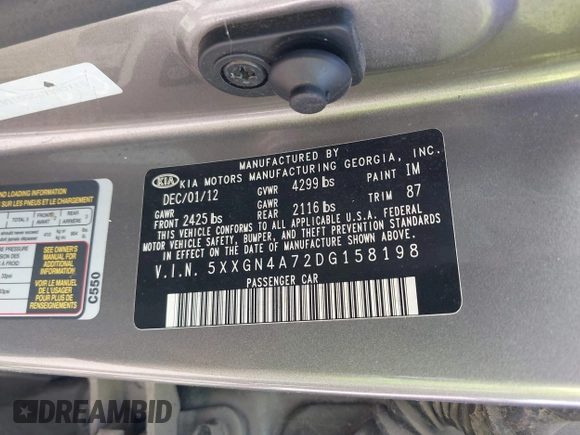 2013 Kia Optima EX with VIN 5XXGN4A72DG158198, listed as a IAAI auction lot 25640499 with 95,752 mi miles. Bid and sale history available at carsss.com. Image 9.