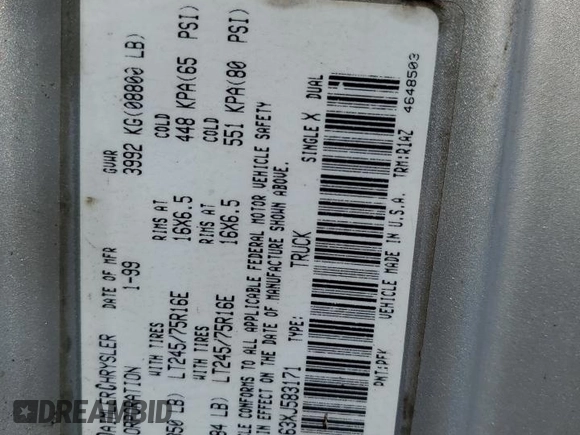 1999 Dodge Ram 2500 with VIN 1B7KF2363XJ583171, listed as a Copart auction lot 76077404 with 278,494 mi miles and Salvage Title. Bid and sale history available at carsss.com. Image 12.
