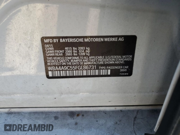 2015 BMW 4 Series 428i with VIN WBA4A9C55FGL86731, listed as a Copart auction lot 42700155 with 110,897 mi miles and Salvage title. Bid and sale history available at DreamBid. Image 14.