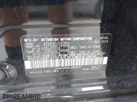 2020 Mitsubishi Outlander Sport SE 2.0 with VIN JA4AP4AU0LU004937, listed as a IAAI auction lot 41953030 with 107,631 mi miles. Bid and sale history available at carsss.com. Image 9.