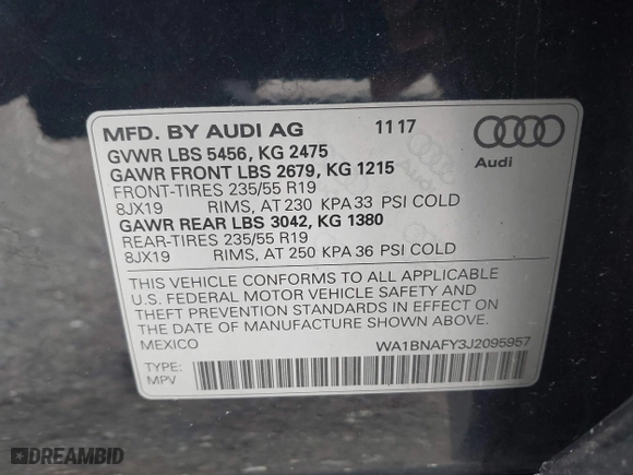 2018 Audi Q5 Premium Plus with VIN WA1BNAFY3J2095957, listed as a IAAI auction lot 40531503 with 64,195 mi miles. Bid and sale history available at carsss.com. Image 9.