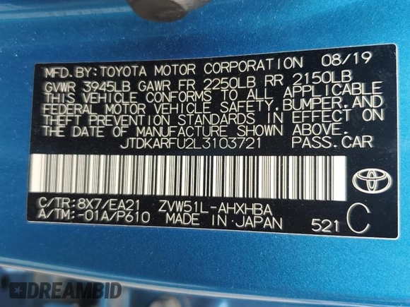 2020 Toyota Prius L Eco z VIN JTDKARFU2L3103721, wystawiony jako Copart lot #54382895 z przebiegiem 87 657 mil mil oraz Szkoda całkowita • Salvage title. Historia ofert i sprzedaży dostępna na DreamBid. Obrazek 12.