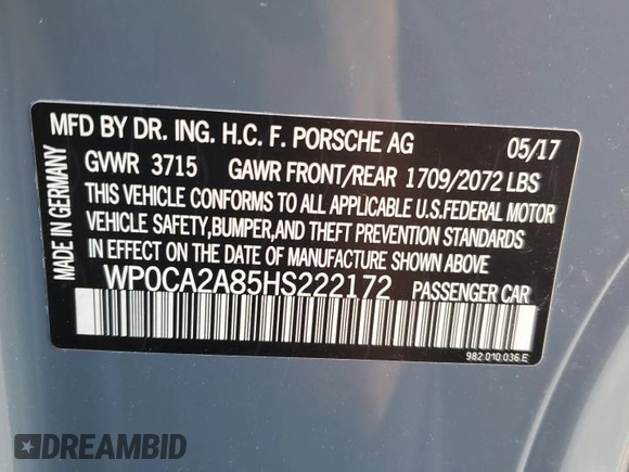 2017 Porsche 718 Boxster z VIN WP0CA2A85HS222172, wystawiony jako Copart lot #47503034 z przebiegiem 27 057 mil mil oraz Szkoda całkowita • Salvage title. Historia ofert i sprzedaży dostępna na DreamBid. Obrazek 12.