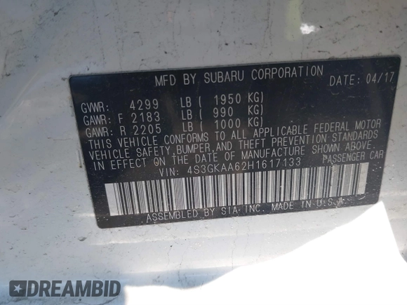2017 Subaru Impreza z VIN 4S3GKAA62H1617133, wystawiony jako IAAI lot #41574625 z przebiegiem 84 225 mil mil oraz . Historia ofert i sprzedaży dostępna na DreamBid. Obrazek 9.
