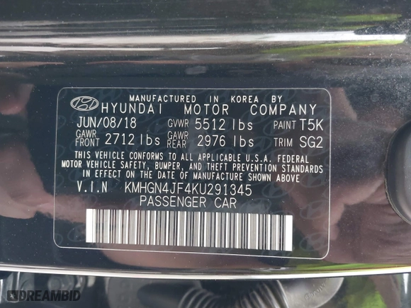 2019 Hyundai Genesis 5.0L with VIN KMHGN4JF4KU291345, listed as a IAAI auction lot 41973574 with 68,924 mi miles. Bid and sale history available at carsss.com. Image 9.