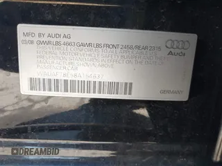 2008 Audi A4 2.0T with VIN WAUAF78E58A154637, listed as a IAAI auction lot 41750930 with Not provided miles and . Bid and sale history available at DreamBid. Image 9.