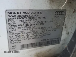 2022 Audi Q7 Premium Plus with VIN WA1LJBF79ND017822, listed as a Copart auction lot 59515795 with 71,101 mi miles and Salvage title. Bid and sale history available at DreamBid. Image 12.