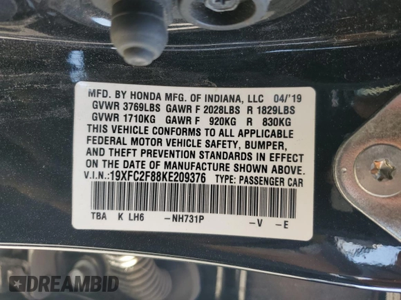 2019 Honda Civic Sport with VIN 19XFC2F88KE209376, listed as a Copart auction lot 58844515 with 82,057 mi miles and Clean title. Bid and sale history available at DreamBid. Image 12.