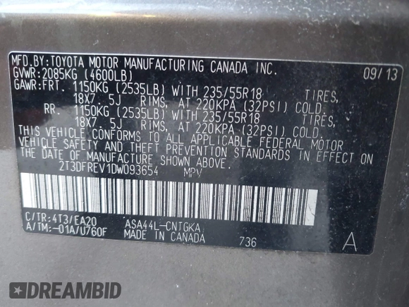 2013 Toyota RAV4 Limited with VIN 2T3DFREV1DW093654, listed as a IAAI auction lot 41711079 with 122,995 mi miles. Bid and sale history available at carsss.com. Image 9.
