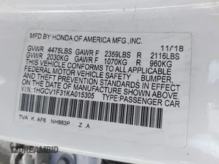 2019 Honda Accord Sedan Sport 1.5T with VIN 1HGCV1F31KA015305, listed as a IAAI auction lot 42094496 with 84,794 mi miles. Bid and sale history available at carsss.com. Image 9.