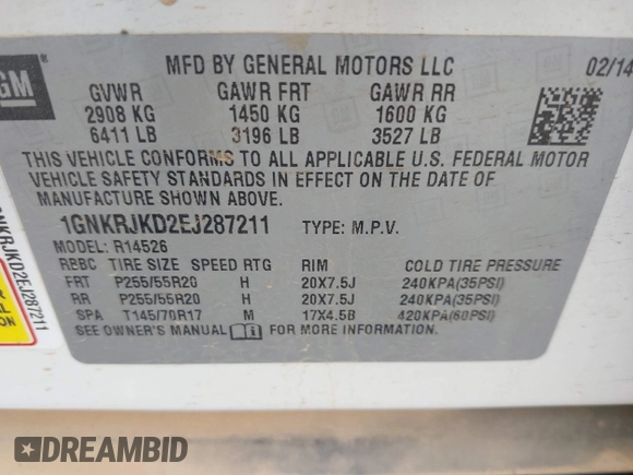 2014 Chevrolet Traverse LTZ with VIN 1GNKRJKD2EJ287211, listed as a IAAI auction lot 39873394 with 128,355 mi miles and . Bid and sale history available at DreamBid. Image 9.