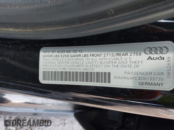 2012 Audi A6 Prestige с VIN WAUHGAFC3CN133720, выставлен на аукционе IAAI как лот 42149199 с пробегом 205 065 миль миль и . История ставок и продаж доступна на DreamBid. Изображение 9.