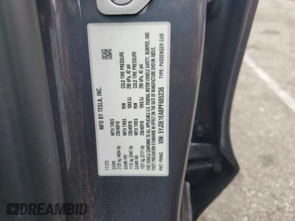 2023 Tesla Model 3 с VIN 5YJ3E1EA8PF685236, выставлен на аукционе Copart как лот 60646005 с пробегом 15 799 миль миль и Списание • Salvage title. История ставок и продаж доступна на DreamBid. Изображение 12.