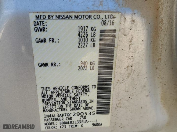 2016 Nissan Altima 2.5 SL with VIN 1N4AL3AP7GC290535, listed as a Copart auction lot 84702284 with 172,075 mi miles and Salvage Title. Bid and sale history available at carsss.com. Image 13.