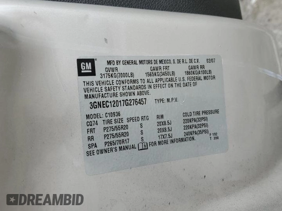 2007 Chevrolet Avalanche 3LT with VIN 3GNEC12017G276457, listed as a Copart auction lot 56322373 with Not Provided miles and Salvage Title. Bid and sale history available at DreamBid. Image 12.