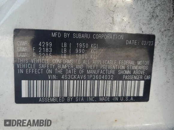 2023 Subaru Impreza Premium z VIN 4S3GKAV61P3604032, wystawiony jako Copart lot #70524544 z przebiegiem 34 965 mil mil oraz Nie do naprawy • Non repairable. Historia ofert i sprzedaży dostępna na DreamBid. Obrazek 12.