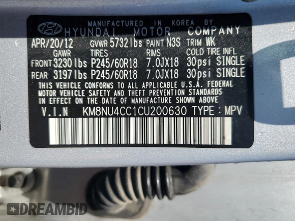 2012 Hyundai Veracruz Limited with VIN KM8NU4CC1CU200630, listed as a Copart auction lot 57304095 with 194,944 mi miles and Salvage title. Bid and sale history available at DreamBid. Image 14.